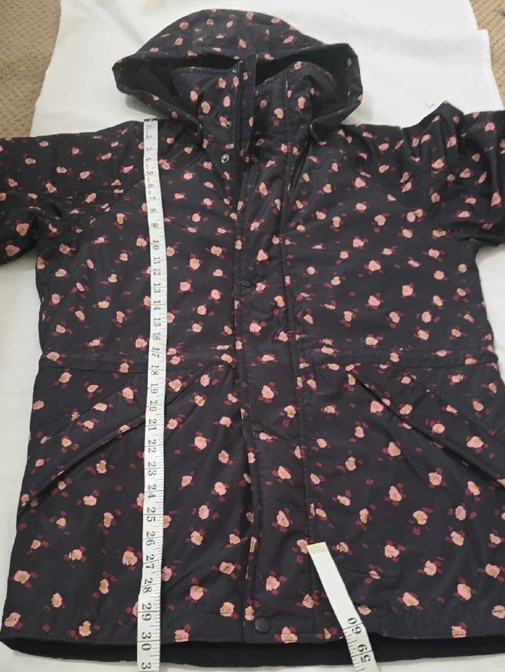CAbi Black Puffer Jacket with Pink Spot Floral Print XS